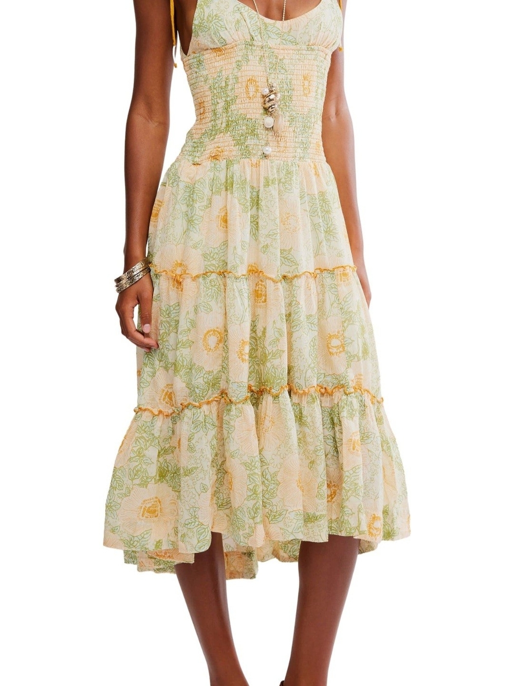 Free People Adriel Tie Straped Midi Dress in Cream and Green